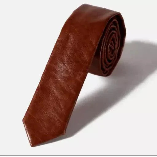 Premium Brown Leather Necktie - Full - Grain Leather Statement Accessory - Kamercio