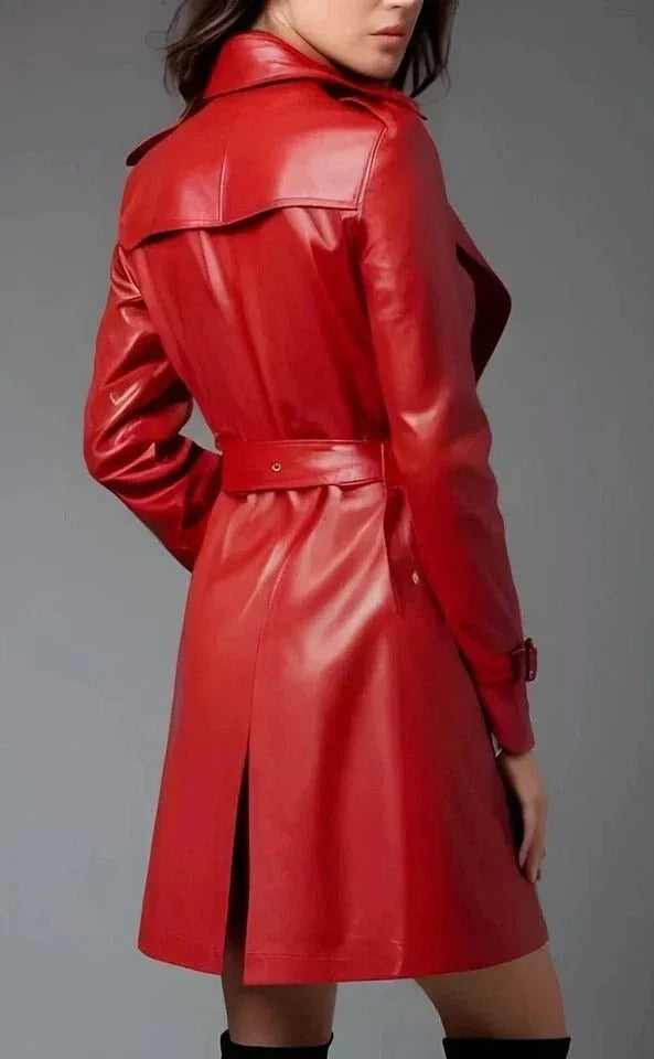 Red Original Leather Trench Coat - Double - Breasted Belted Premium Coat for Women - Kamercio