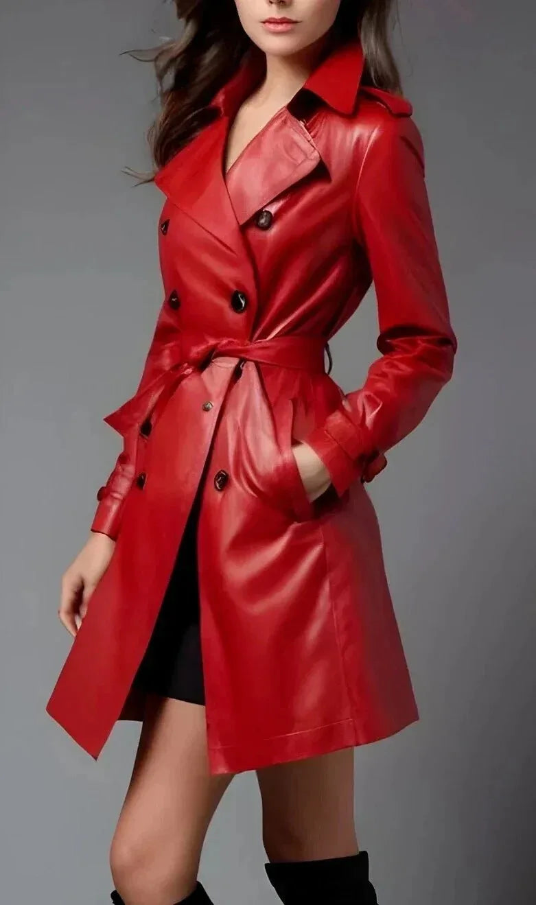 Red Original Leather Trench Coat - Double - Breasted Belted Premium Coat for Women - Kamercio