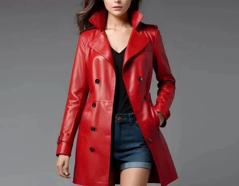 Red Original Leather Trench Coat - Double - Breasted Belted Premium Coat for Women - Kamercio