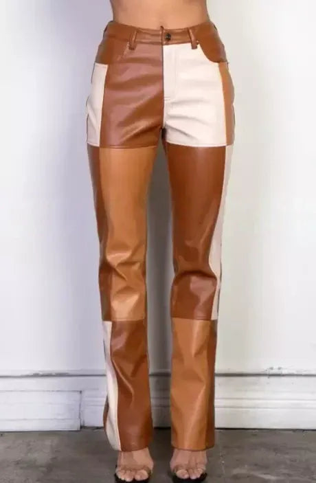 Color-Block Patchwork Original Leather Pants - High-Waisted Straight Leg Genuine Premium Leather Trousers for Women