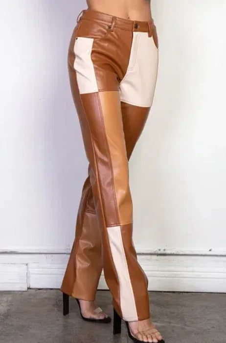 Color-Block Patchwork Original Leather Pants - High-Waisted Straight Leg Genuine Premium Leather Trousers for Women