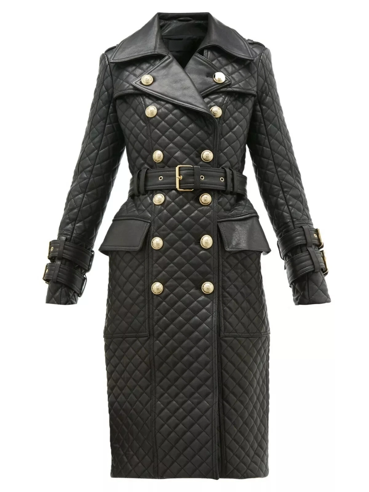 Black Quilted Original Leather Trench Coat with Gold Hardware - Belted Double-Breasted Premium Coat for Women