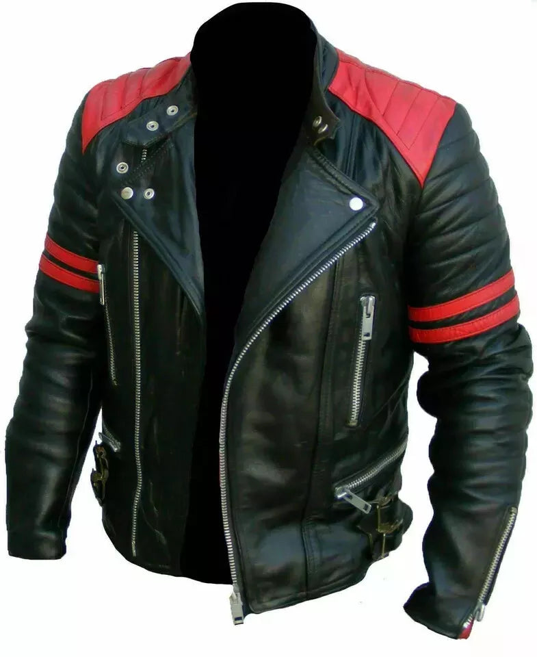 Men's Black & Red Original Leather Moto Jacket - Premium Racing Stripe Style