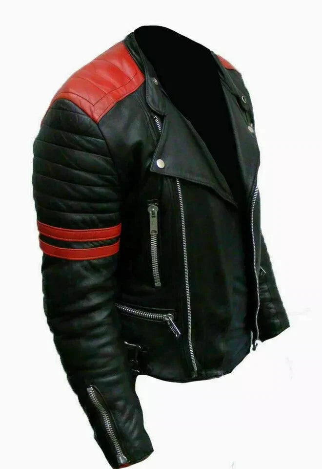 Men's Black & Red Original Leather Moto Jacket - Premium Racing Stripe Style