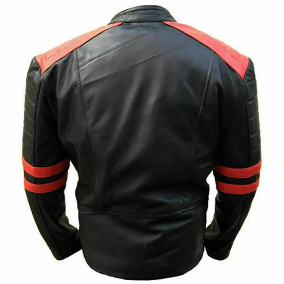 Men's Black & Red Original Leather Moto Jacket - Premium Racing Stripe Style