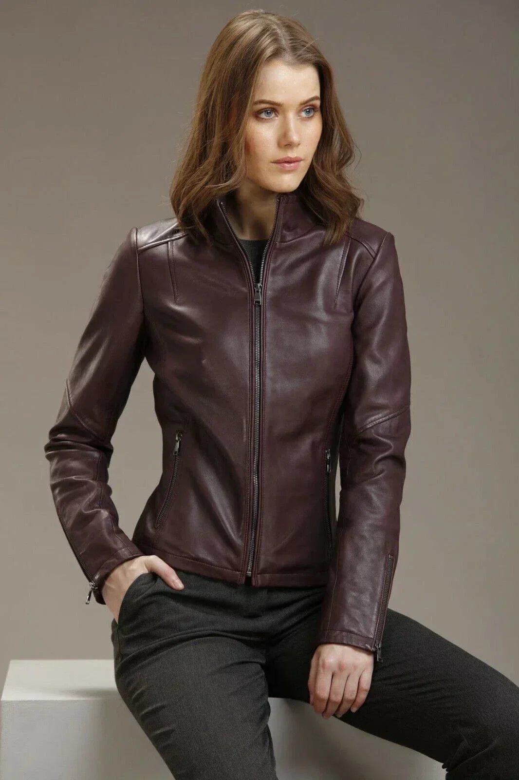 Tailored Original Leather Premium Moto Jacket - Burgundy - Kamercio