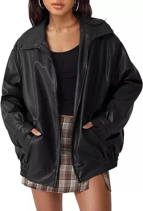Oversized Original Leather Bomber Premium Jacket - Black - Kamercio