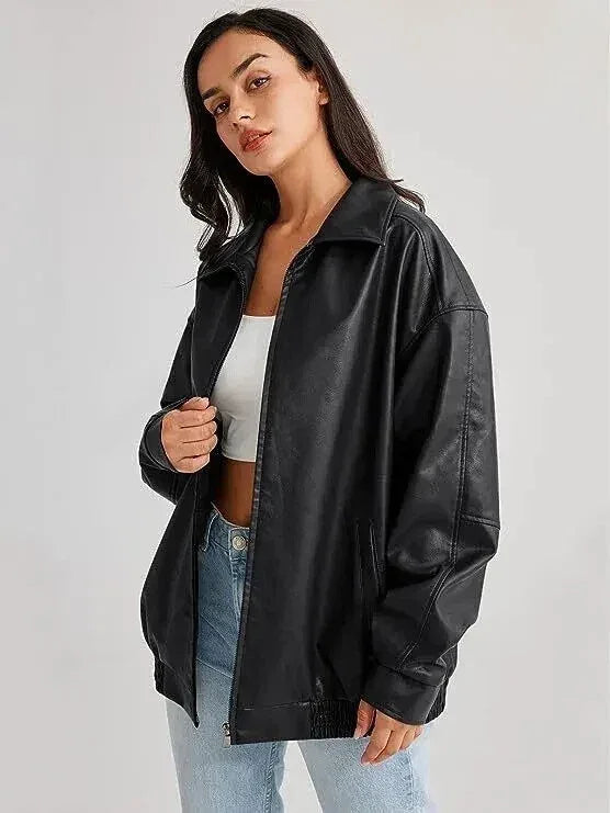 Oversized Original Leather Bomber Premium Jacket - Black - Kamercio