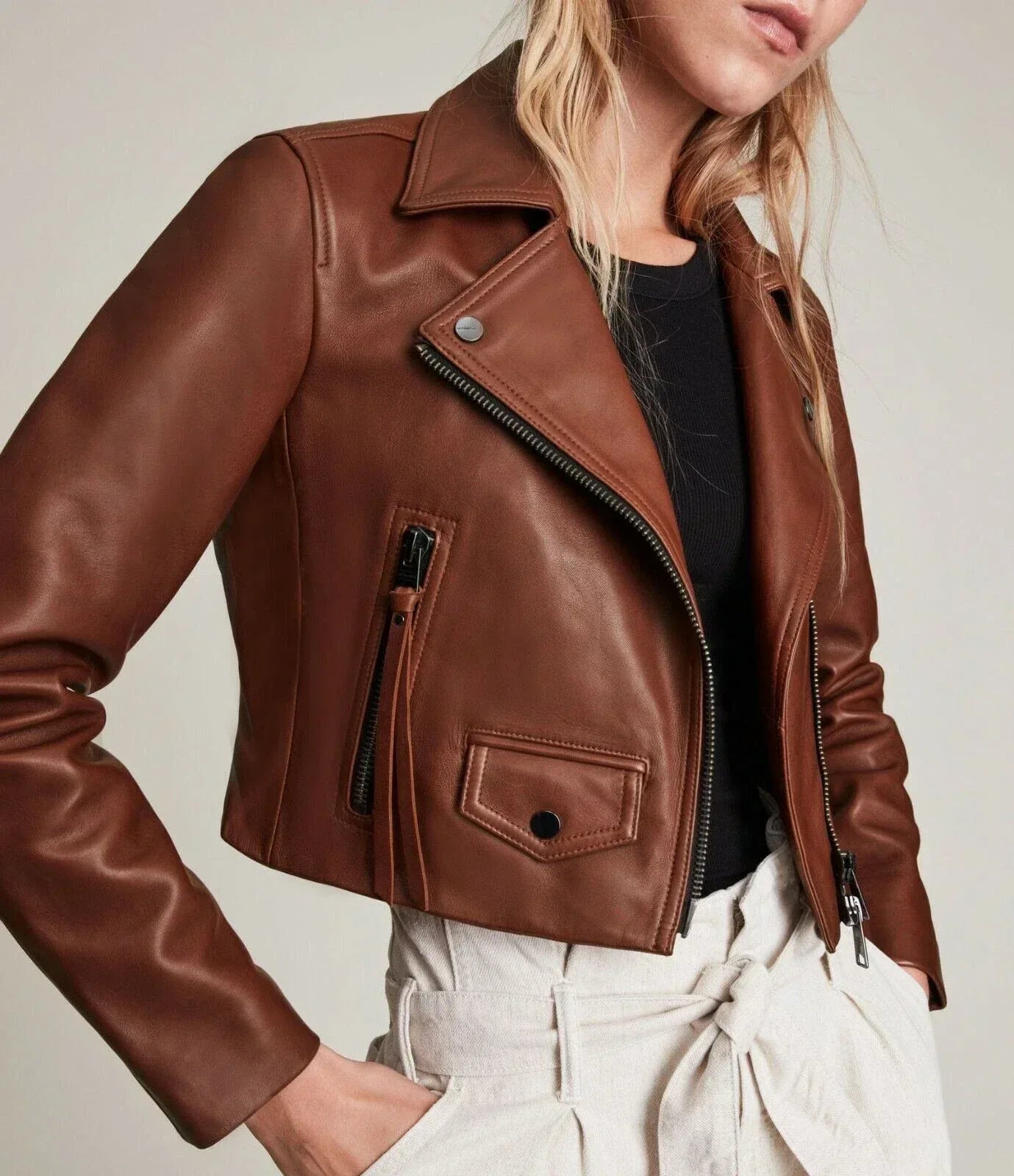Premium Cropped Original Leather Moto Jacket - Cognac - Kamercio