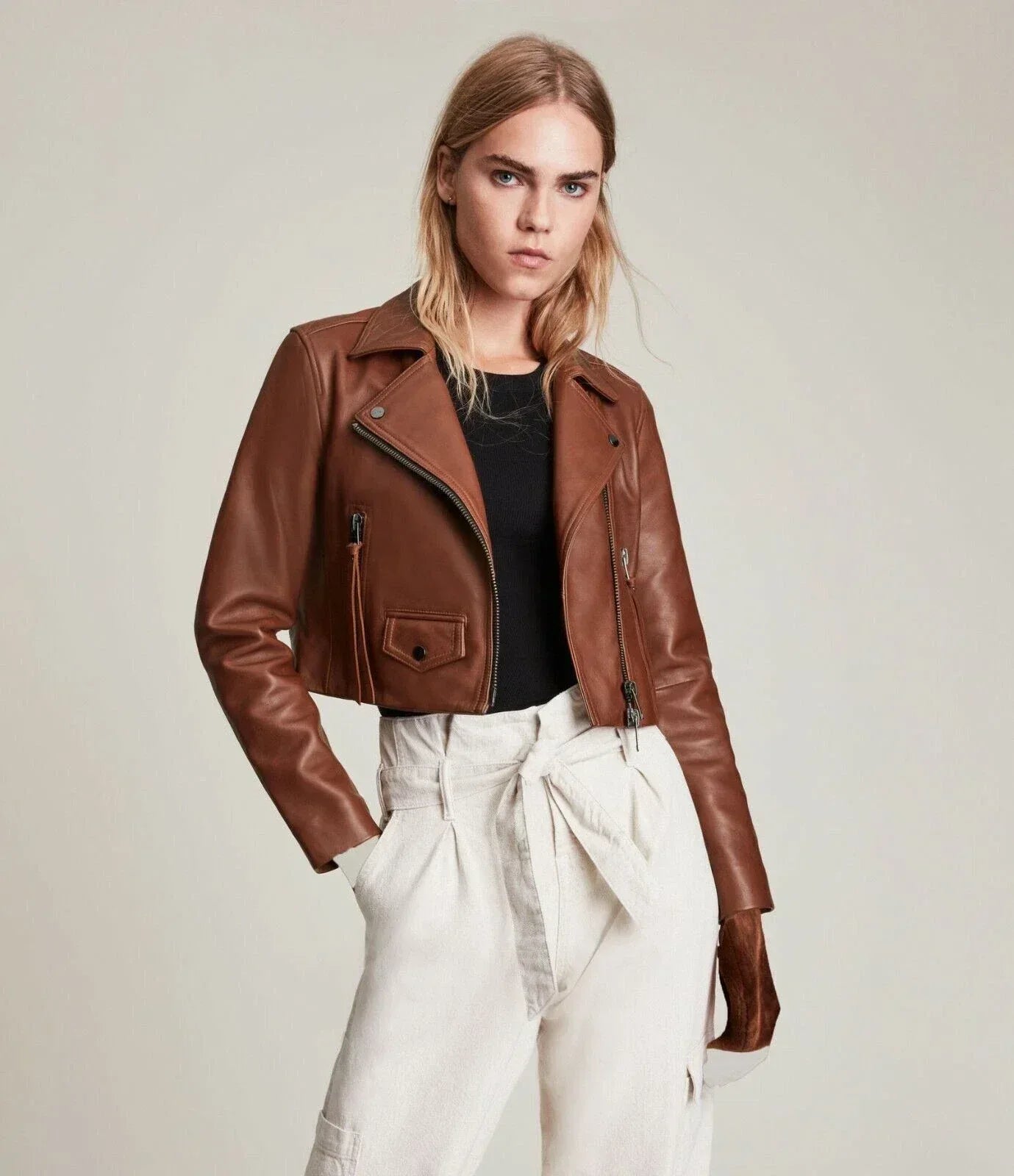 Premium Cropped Original Leather Moto Jacket - Cognac - Kamercio
