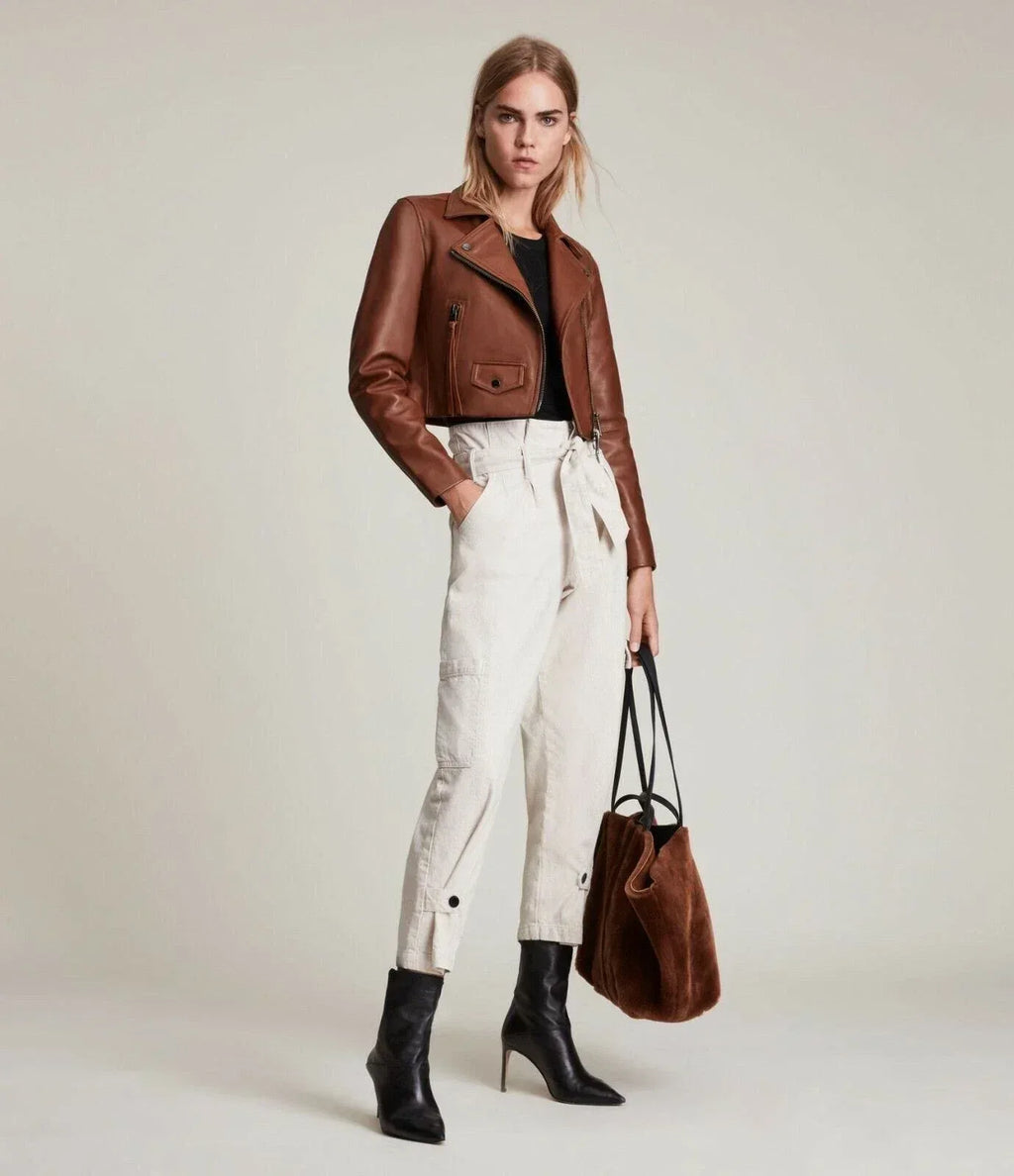 Premium Cropped Original Leather Moto Jacket - Cognac - Kamercio