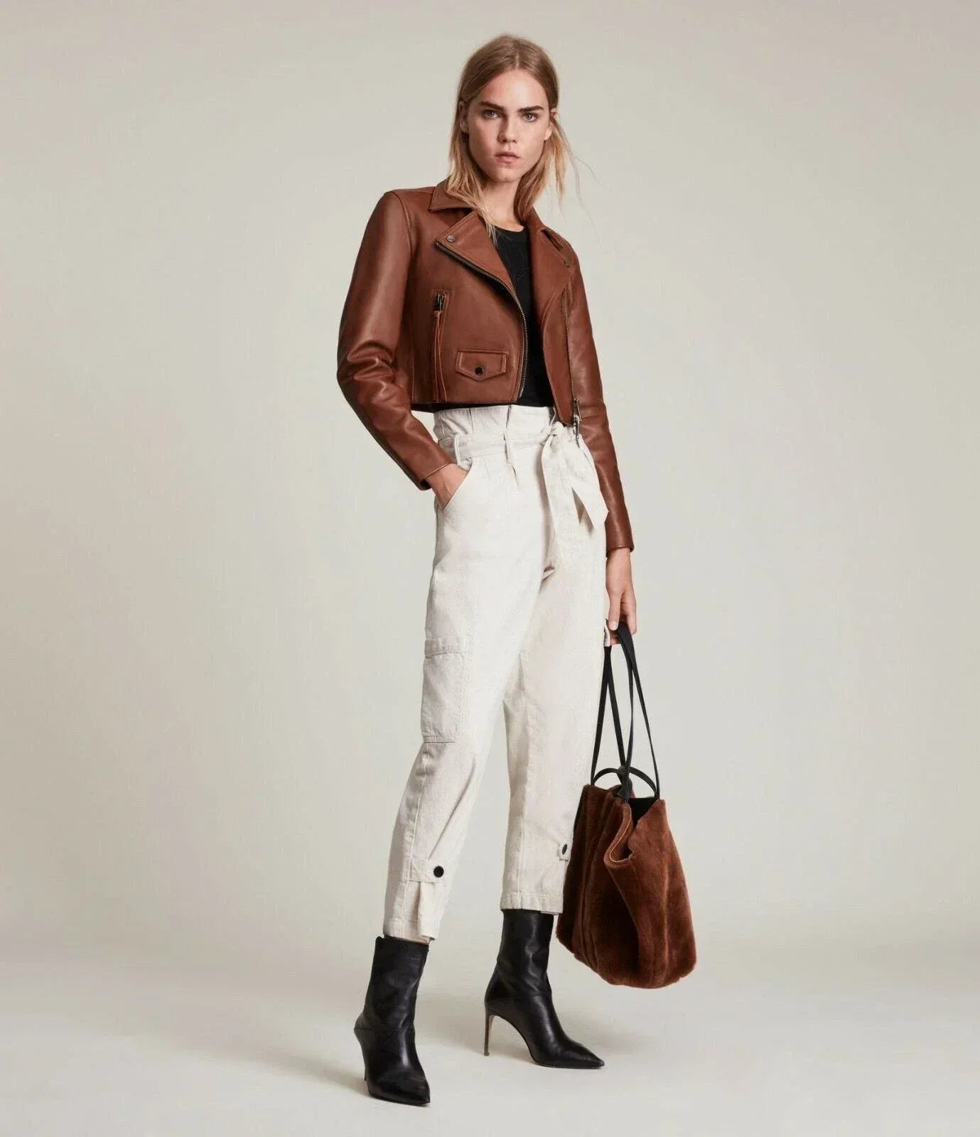 Premium Cropped Original Leather Moto Jacket - Cognac - Kamercio