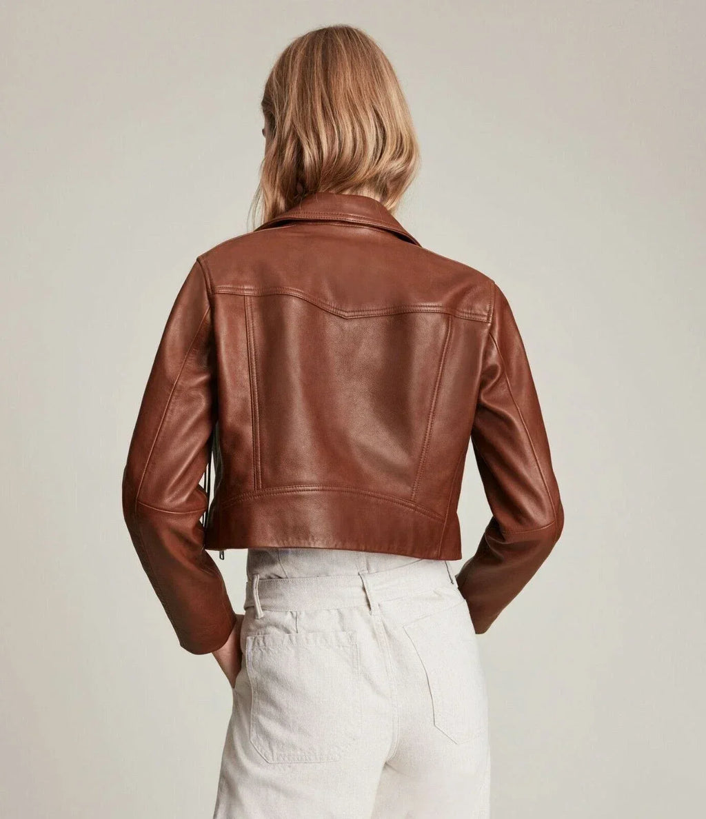 Premium Cropped Original Leather Moto Jacket - Cognac - Kamercio