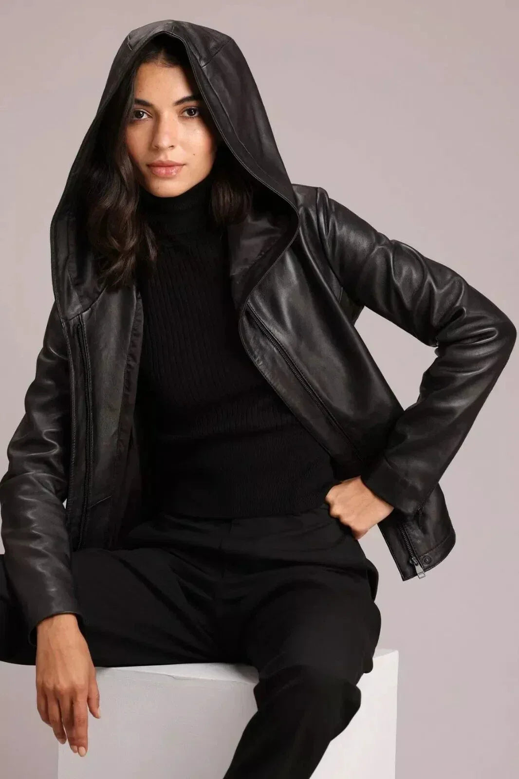 Premium Hooded Original Leather Jacket - Black - Kamercio