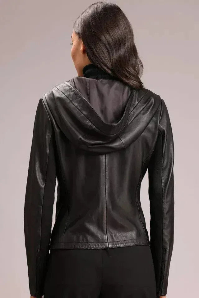 Premium Hooded Original Leather Jacket - Black - Kamercio