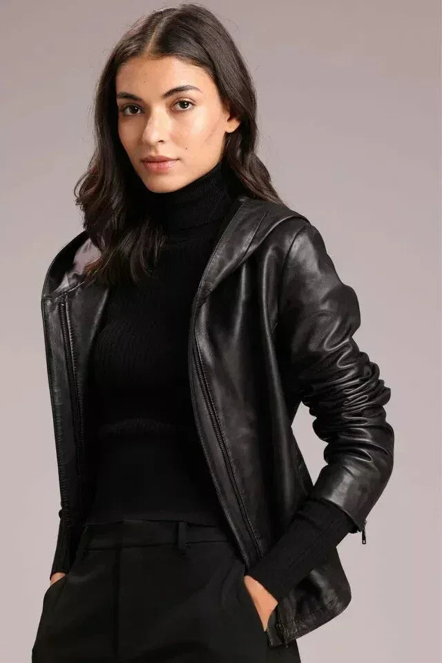 Premium Hooded Original Leather Jacket - Black - Kamercio