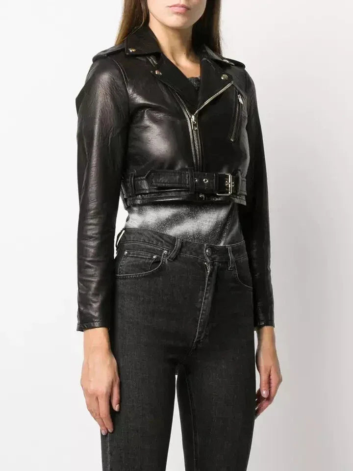 Women's Black Cropped Original Leather Premium Biker Jacket - Kamercio