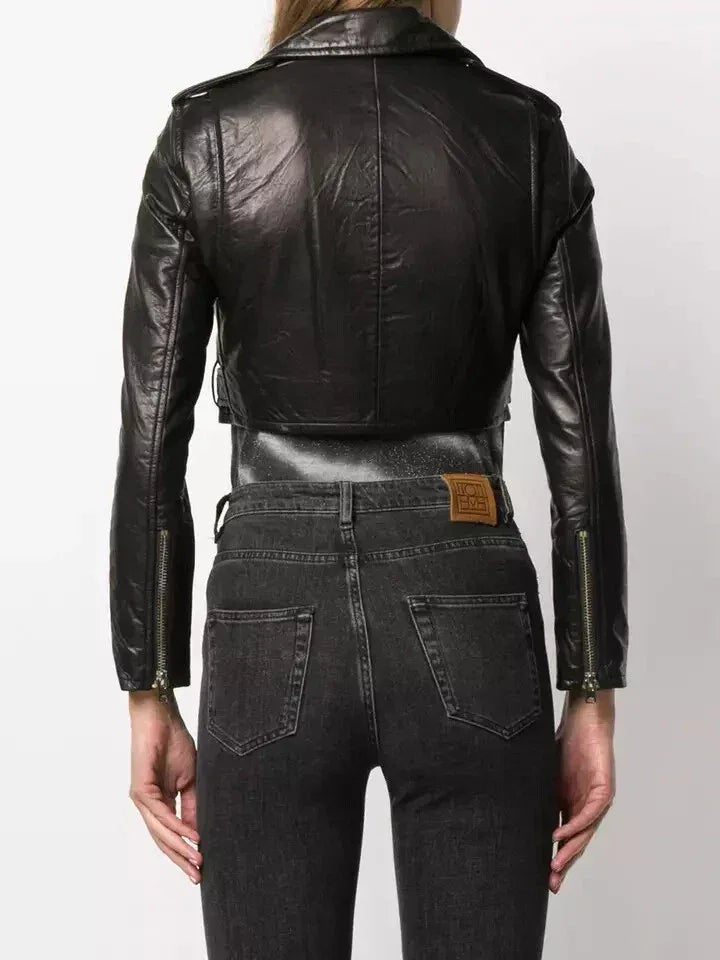 Women's Black Cropped Original Leather Premium Biker Jacket - Kamercio