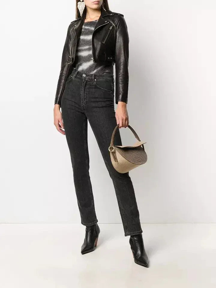 Women's Black Cropped Original Leather Premium Biker Jacket - Kamercio