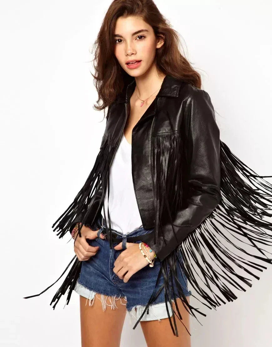 Women's Black Original Leather Premium Fringe Jacket with Studded Detail - Kamercio