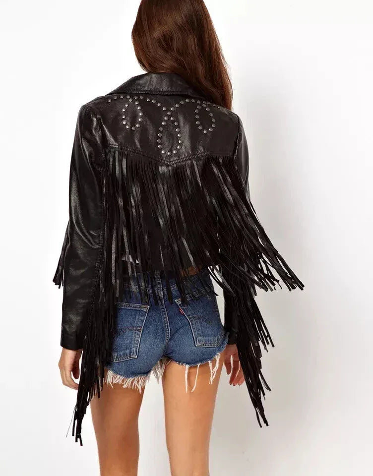 Women's Black Original Leather Premium Fringe Jacket with Studded Detail - Kamercio