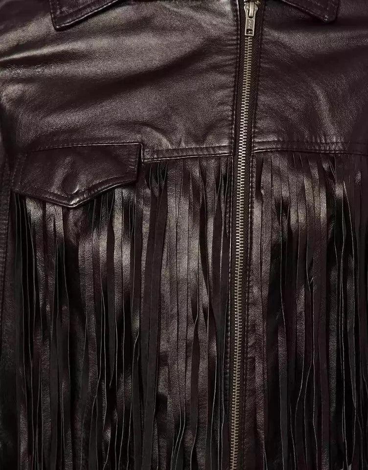 Women's Black Original Leather Premium Fringe Jacket with Studded Detail - Kamercio