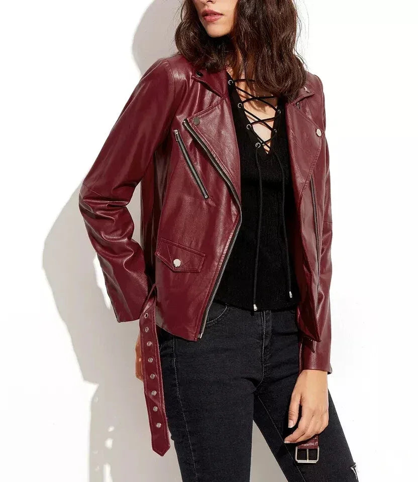 Women's Burgundy Leather Biker Jacket - Kamercio