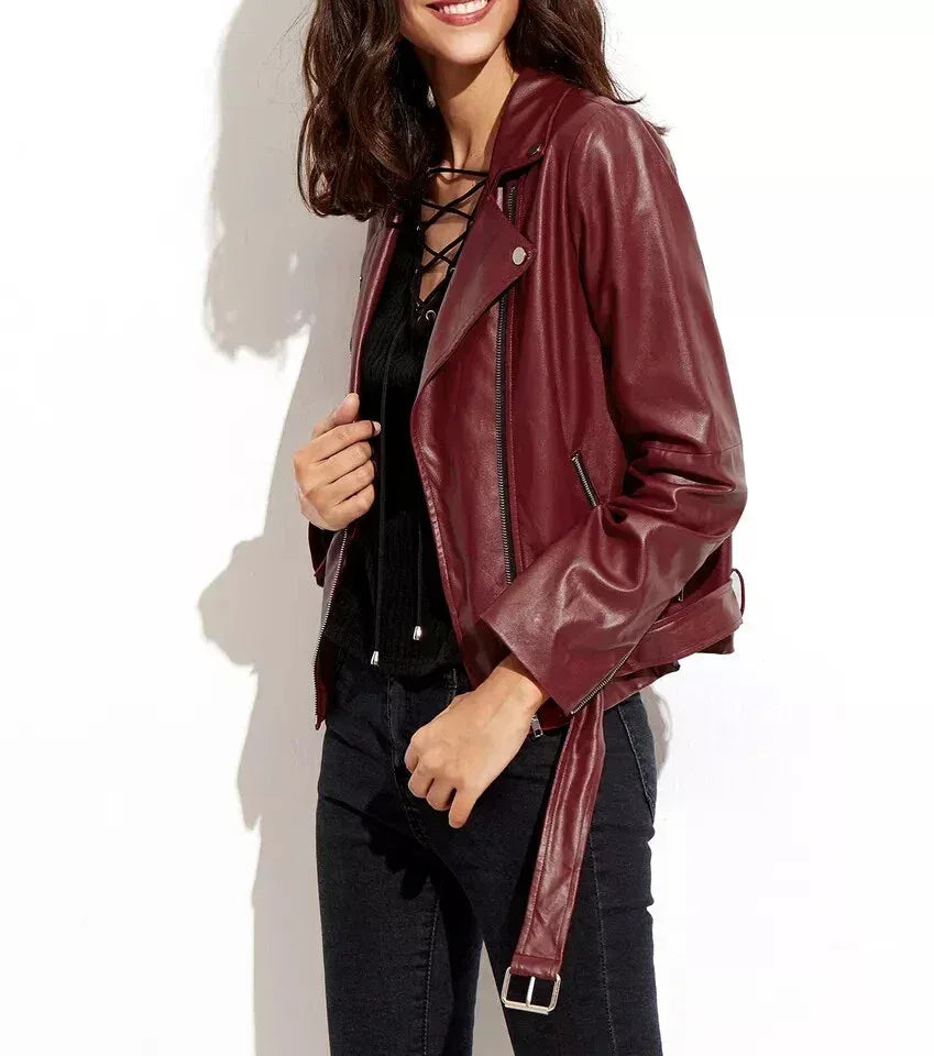 Women's Burgundy Leather Biker Jacket - Kamercio