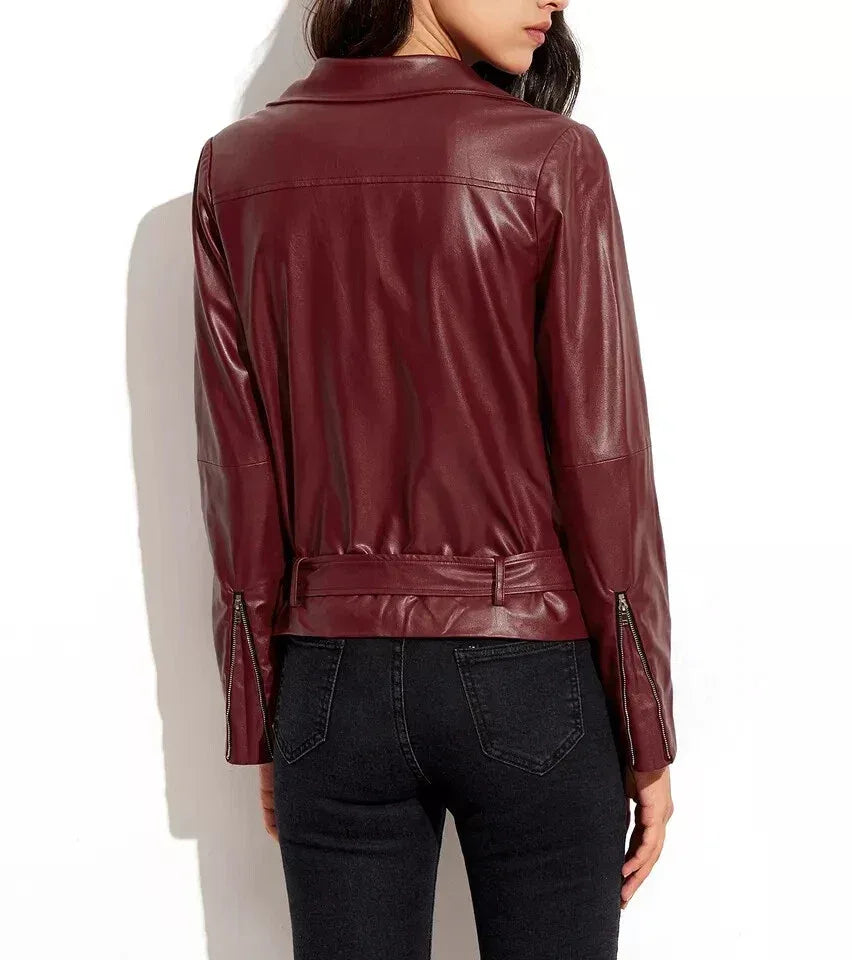 Women's Burgundy Leather Biker Jacket - Kamercio