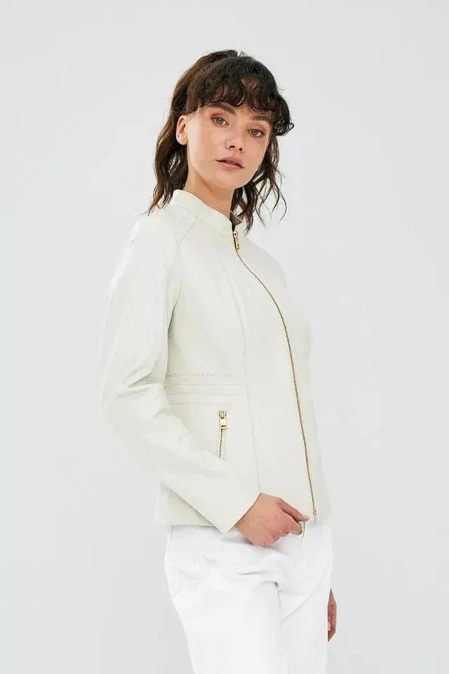 Women's Ivory Original Leather Jacket - Premium Minimalist Zip Front - Kamercio