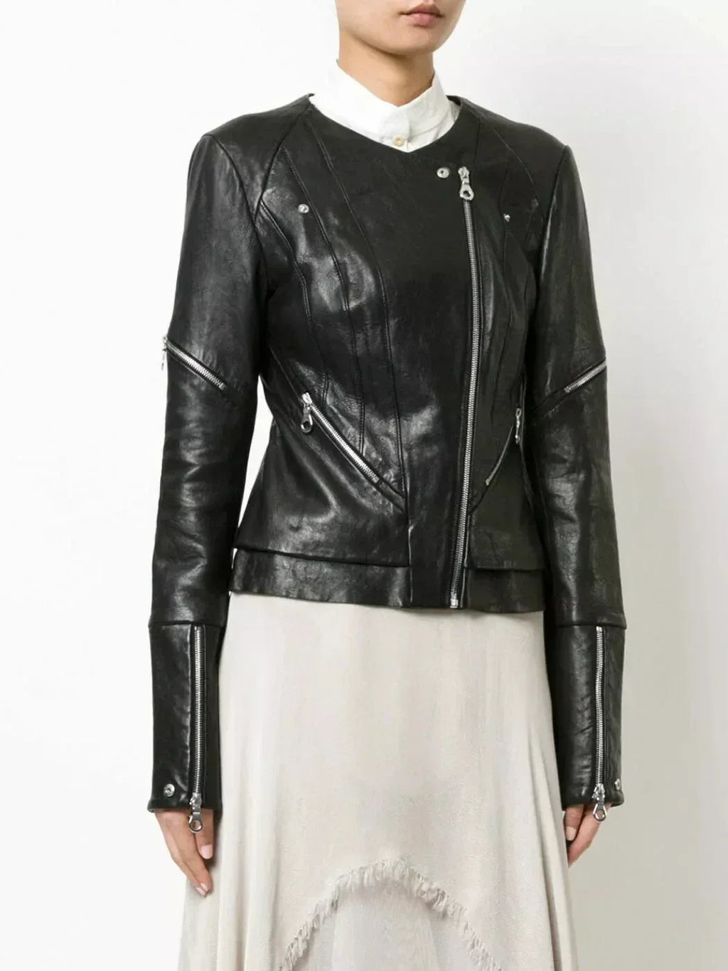 Premium Women's Black Original Leather Moto Jacket - Multi-Zip Detail - Kamercio
