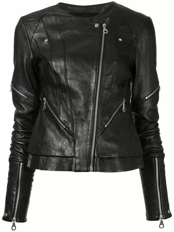 Premium Women's Black Original Leather Moto Jacket - Multi-Zip Detail - Kamercio