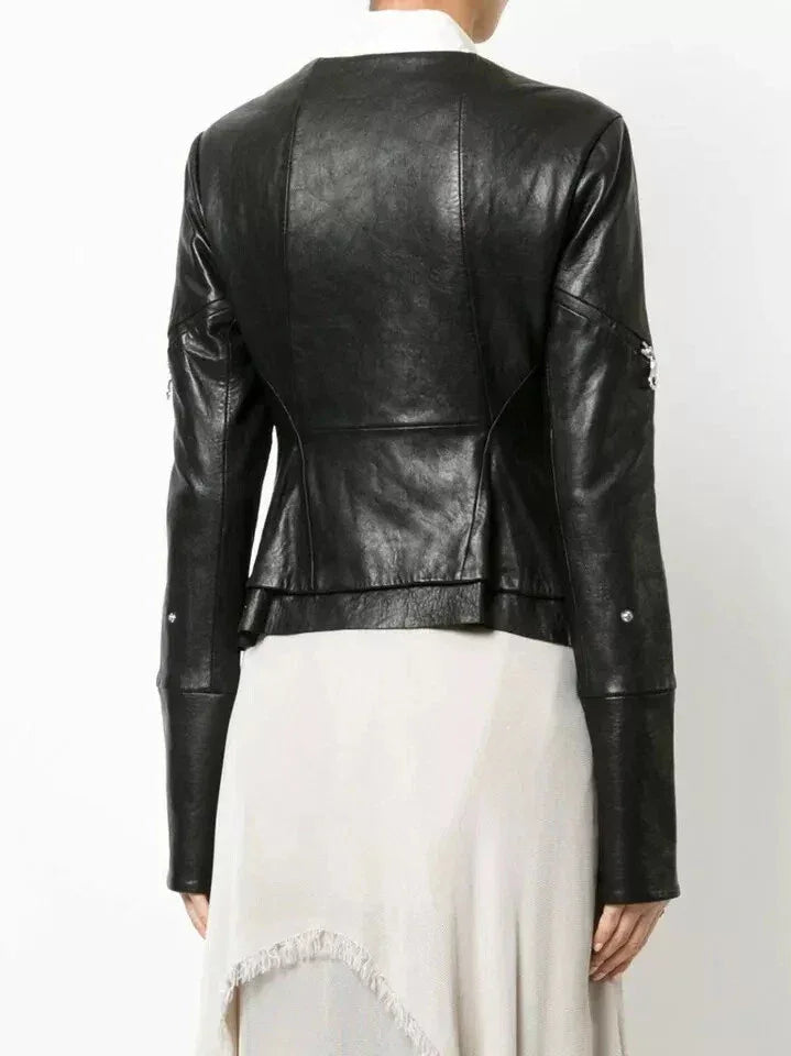 Premium Women's Black Original Leather Moto Jacket - Multi-Zip Detail - Kamercio