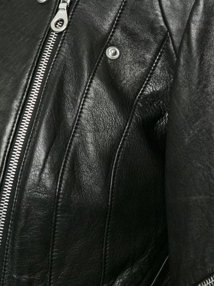 Premium Women's Black Original Leather Moto Jacket - Multi-Zip Detail - Kamercio