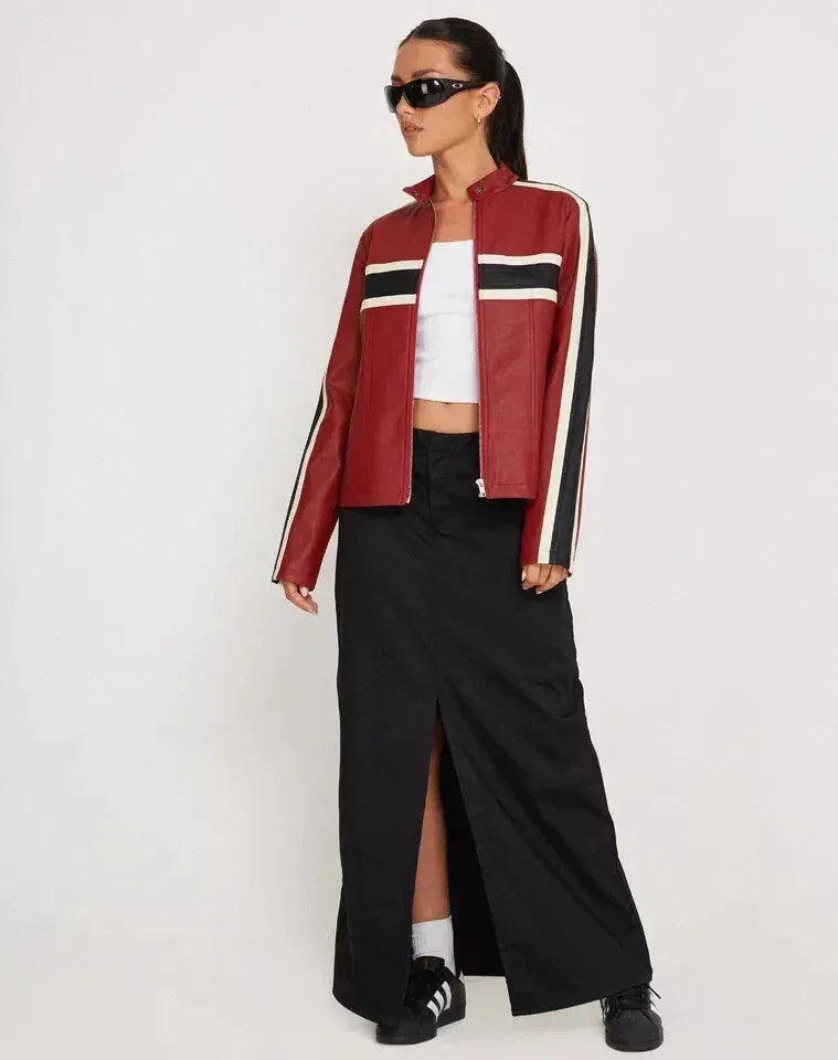 Women's Burgundy Original Leather Racing Jacket - Premium Retro Stripe Detail - Kamercio