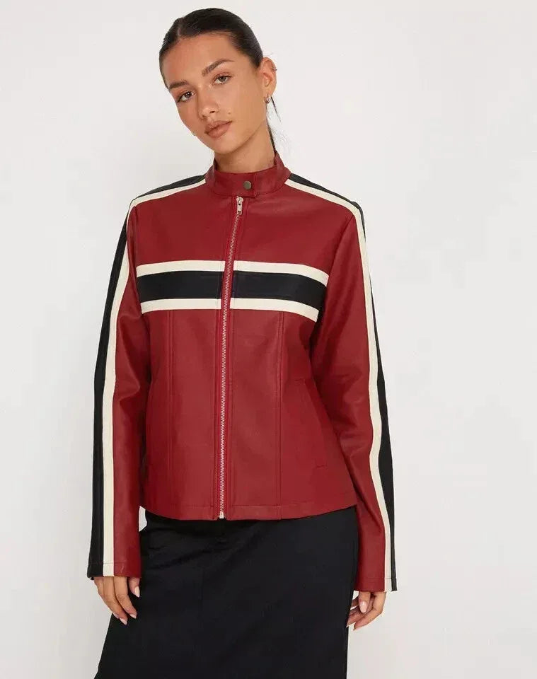 Women's Burgundy Original Leather Racing Jacket - Premium Retro Stripe Detail - Kamercio