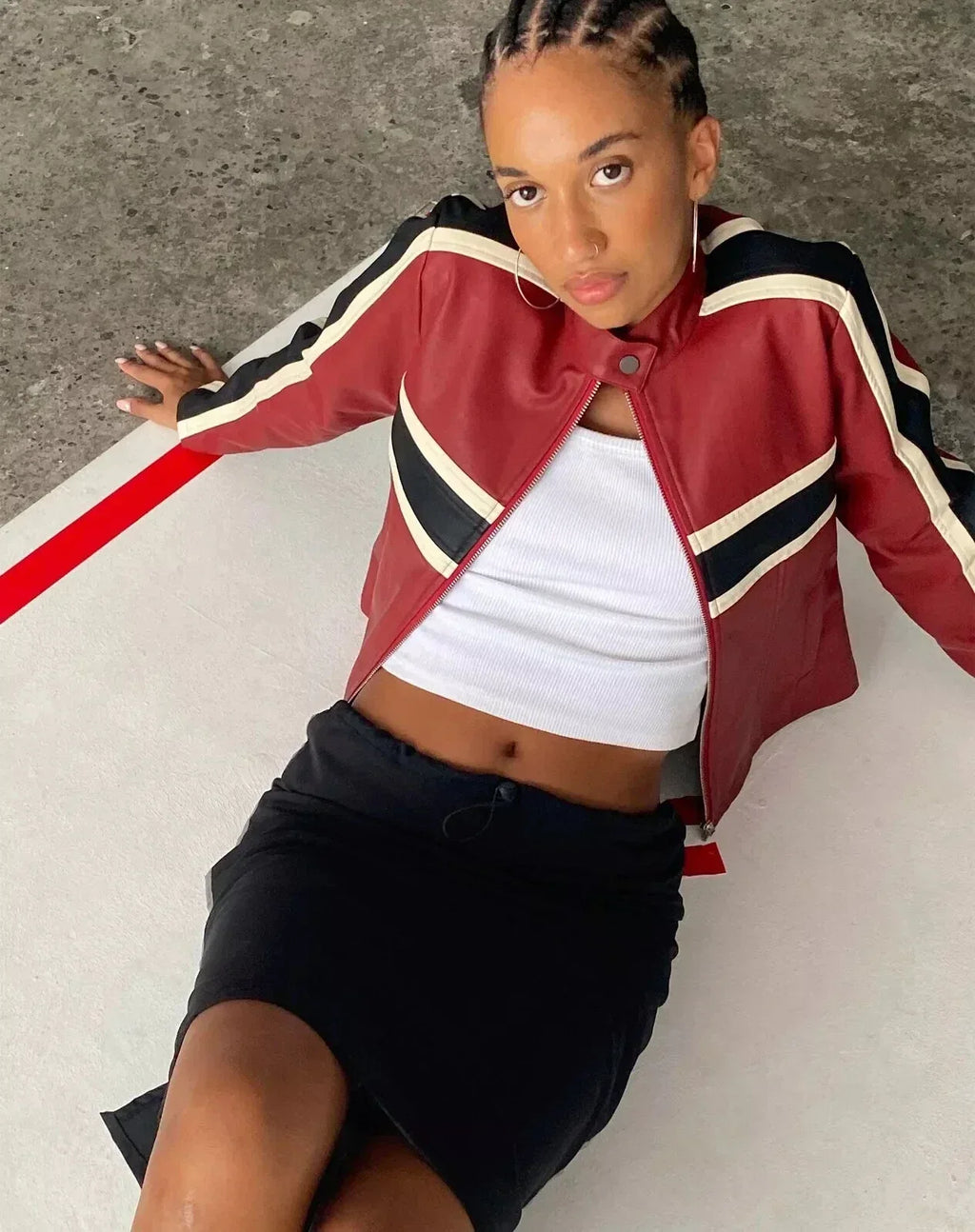 Women's Burgundy Original Leather Racing Jacket - Premium Retro Stripe Detail - Kamercio