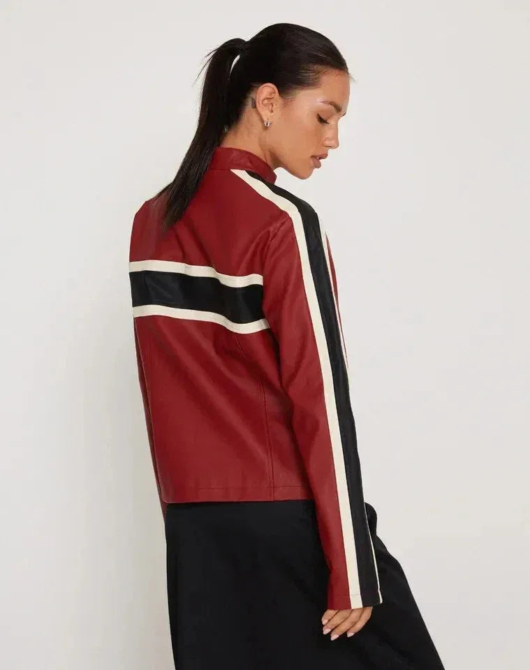 Women's Burgundy Original Leather Racing Jacket - Premium Retro Stripe Detail - Kamercio