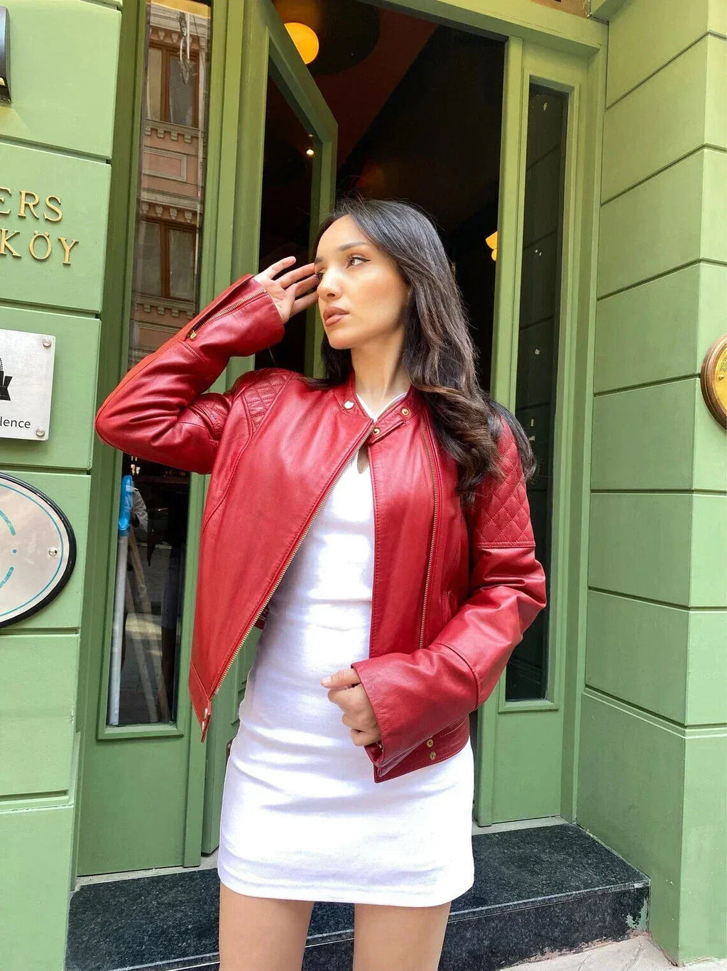 Women's Original Red Leather Biker Jacket - Premium Quilted Shoulder Detail - Kamercio
