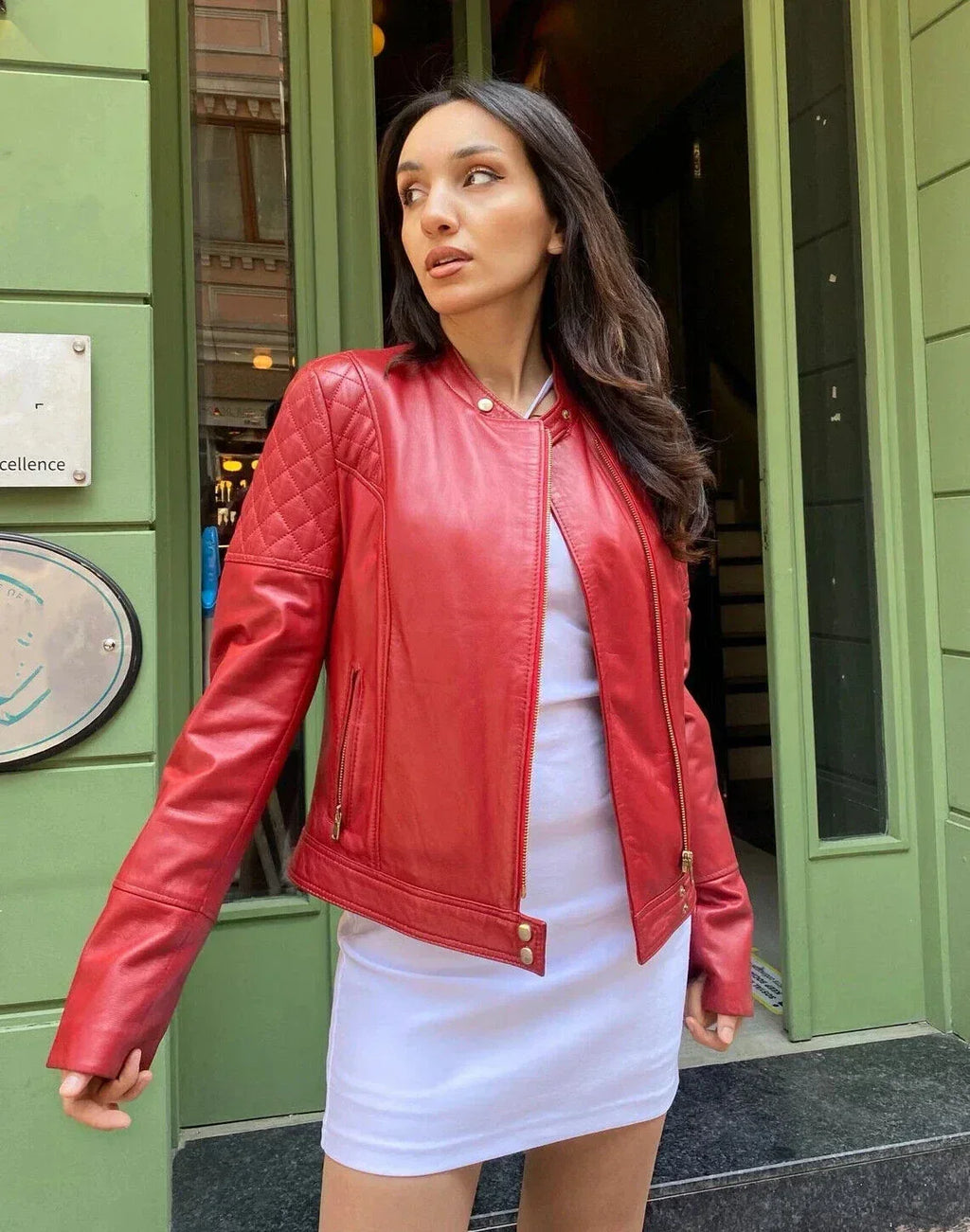 Women's Original Red Leather Biker Jacket - Premium Quilted Shoulder Detail - Kamercio