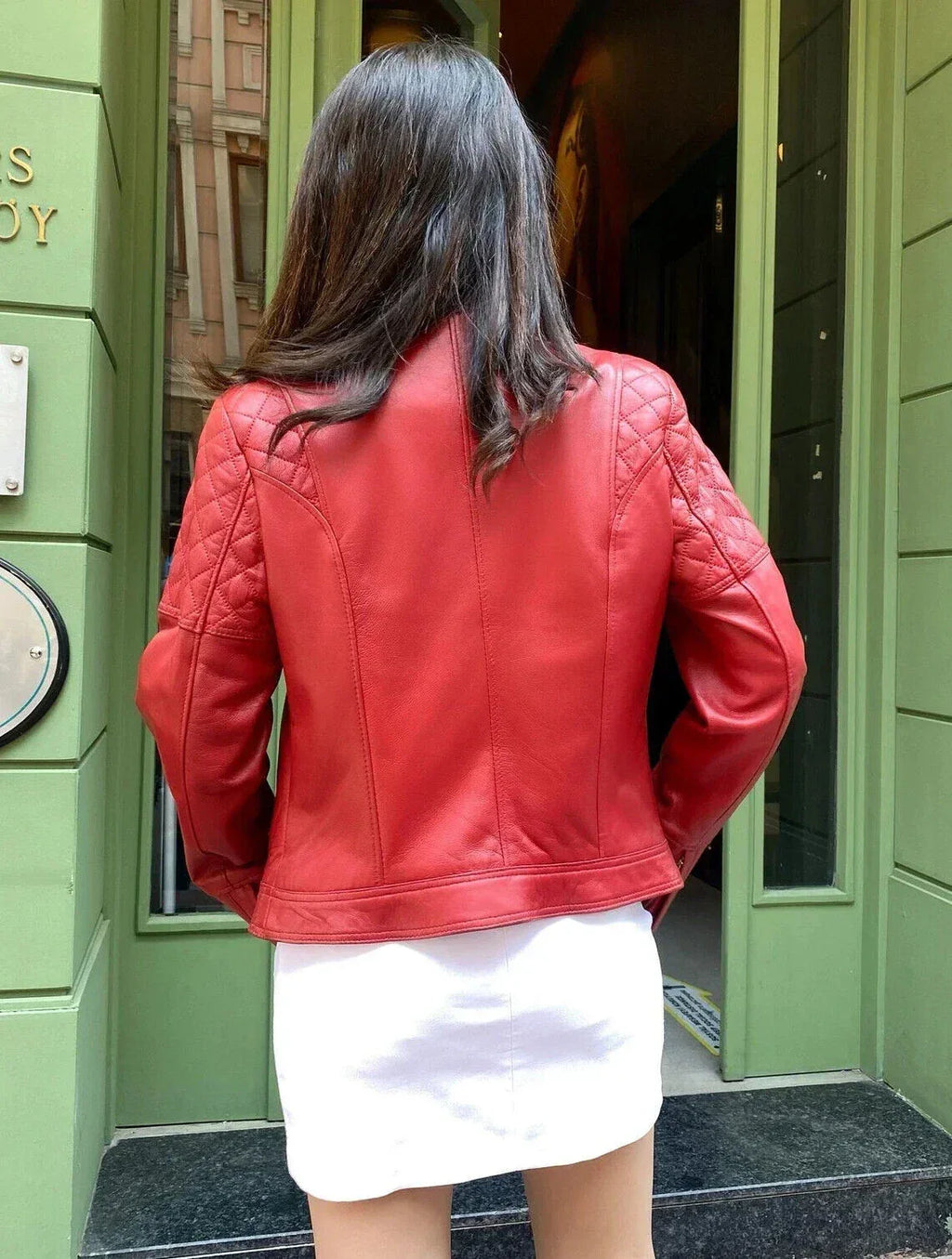 Women's Original Red Leather Biker Jacket - Premium Quilted Shoulder Detail - Kamercio