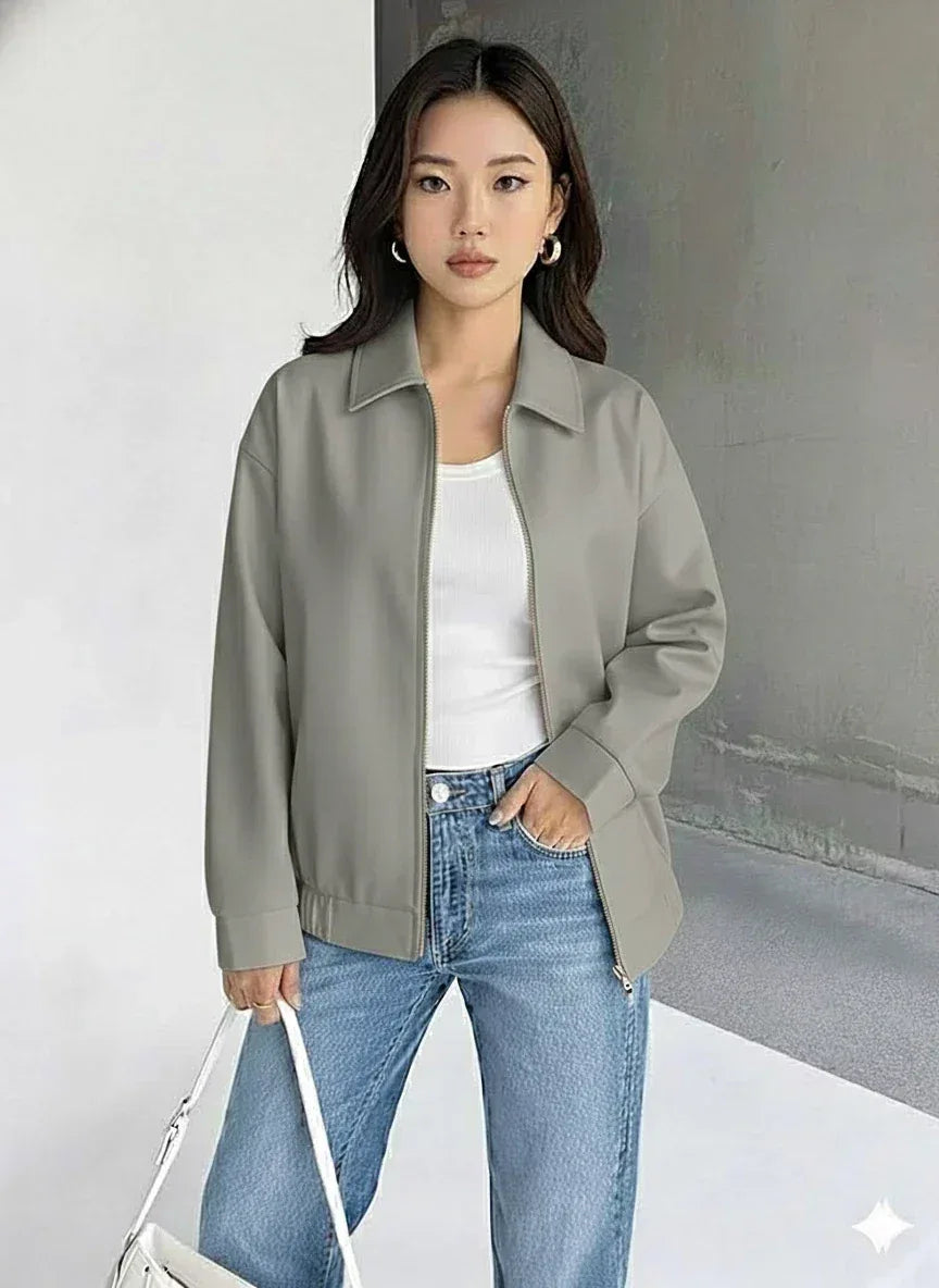 Women's Original Sage Green Leather Premium Jacket - Minimalist Zip Front - Kamercio