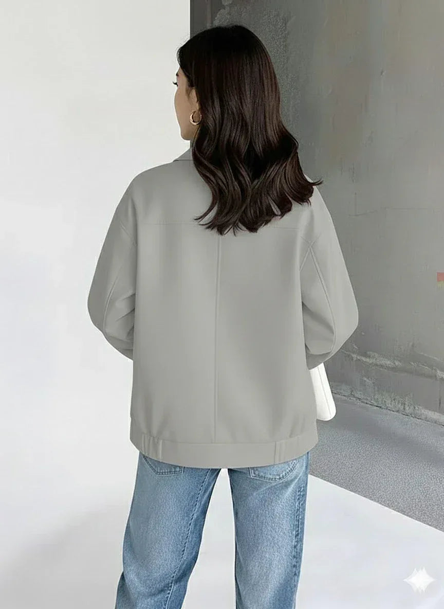Women's Original Sage Green Leather Premium Jacket - Minimalist Zip Front - Kamercio
