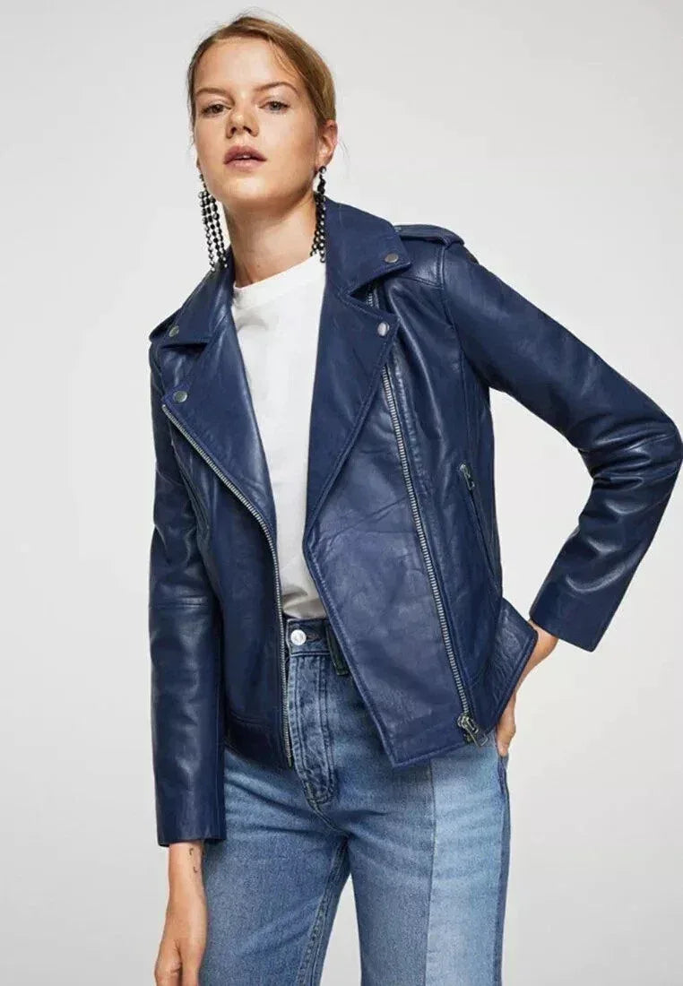Women's Navy Blue OriginaL Leather Biker Premium Jacket - Kamercio