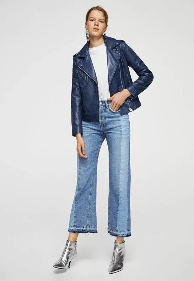 Women's Navy Blue OriginaL Leather Biker Premium Jacket - Kamercio