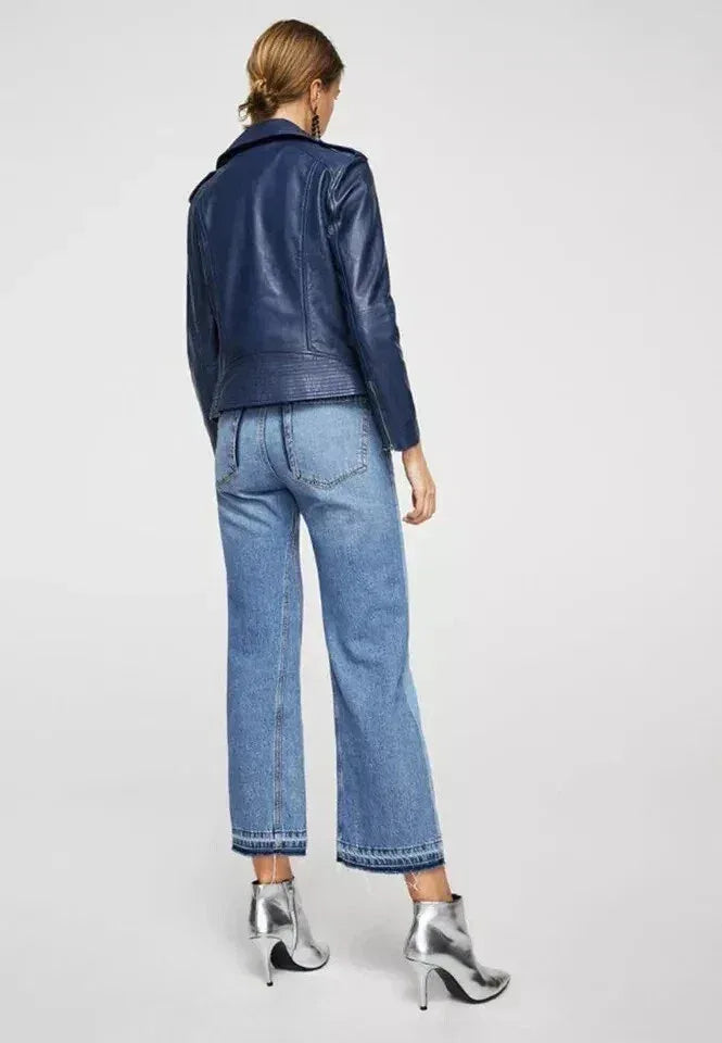 Women's Navy Blue OriginaL Leather Biker Premium Jacket - Kamercio