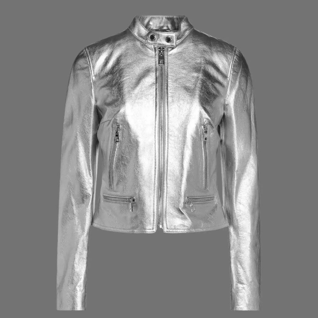 Women's Metallic Original Silver Leather Premium Moto Jacket - Kamercio