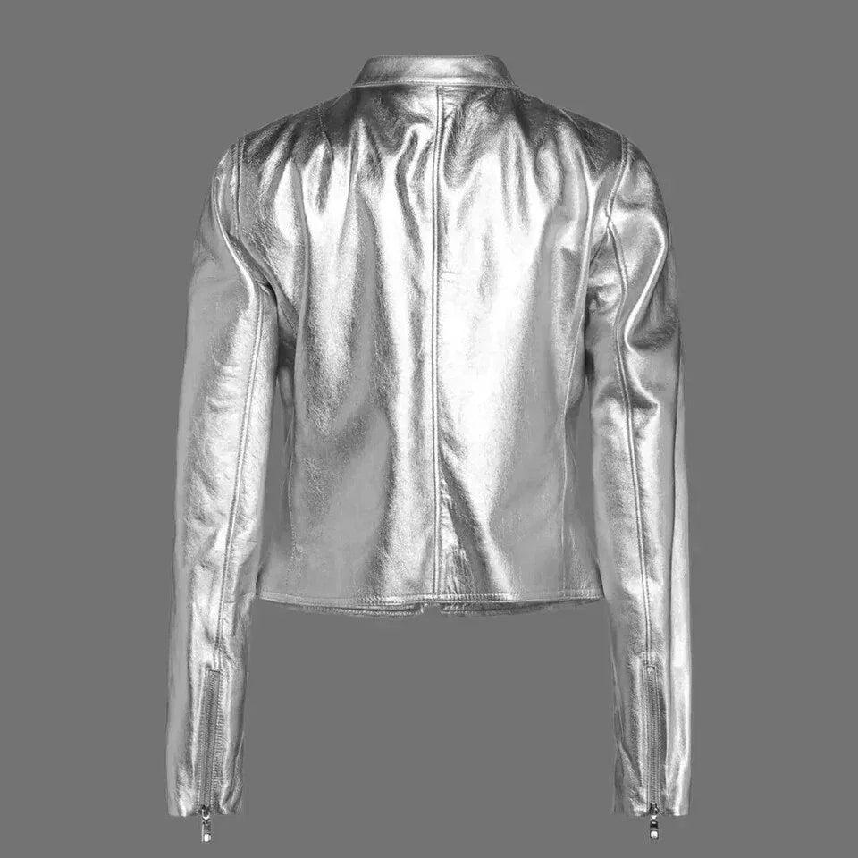 Women's Metallic Original Silver Leather Premium Moto Jacket - Kamercio