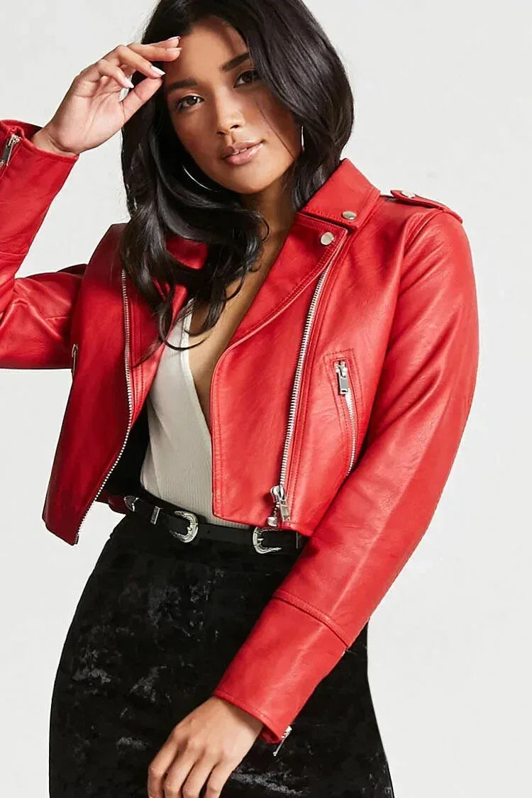 Women's Premium Red Original Leather Biker Jacket - Cropped - Kamercio